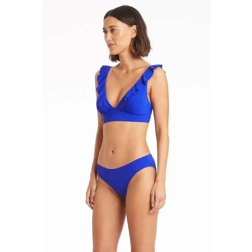 Sea Level Essentials Cobalt Blue Ruffled Hipster Two Piece Bikini Swimsuit Set 8 - Picture 3 of 13